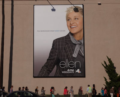 Poster of Ellen outside Warner Bros. Studios lot in Burbank, California