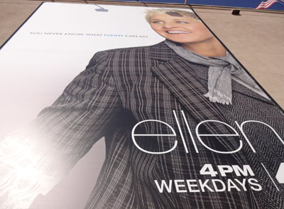 Poster of Ellen outside Warner Bros. Studios lot in Burbank, California